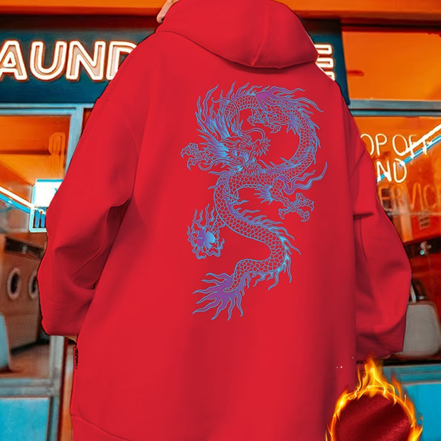 Men's Plus Size Dragon Pattern Plain Color Drawstring Long Sleeve Loose Hoodie, Warm Fleece Casual Clothing For Winter, For Big And Tall Guys