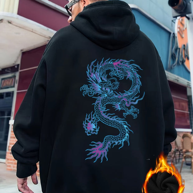 Men's Plus Size Dragon Pattern Plain Color Drawstring Long Sleeve Loose Hoodie, Warm Fleece Casual Clothing For Winter, For Big And Tall Guys