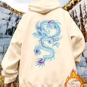 Men's Plus Size Dragon Pattern Plain Color Drawstring Long Sleeve Loose Hoodie, Warm Fleece Casual Clothing For Winter, For Big And Tall Guys