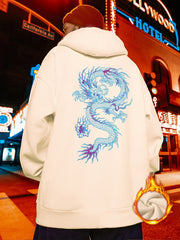 Men's Plus Size Dragon Pattern Plain Color Drawstring Long Sleeve Loose Hoodie, Warm Fleece Casual Clothing For Winter, For Big And Tall Guys