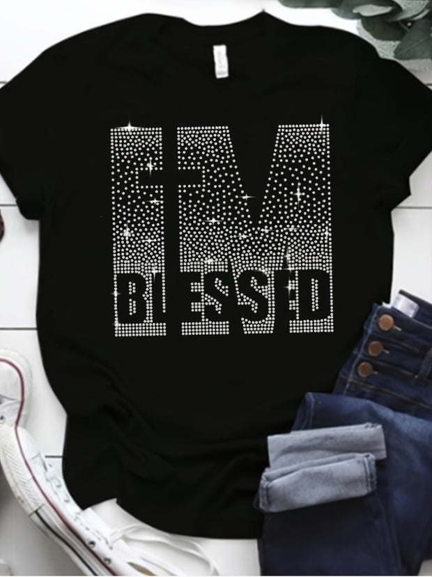 Plus Size T-shirt, Rhinestone Letter Decor Short Sleeve T-shirt, Women's Plus Medium Stretch Casual Tee