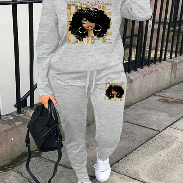 Plus Size Figure Print Sweatshirt & Drawstring Sweatpants Set, Women's Plus Slight Stretch Casual 2pcs Set Outfits