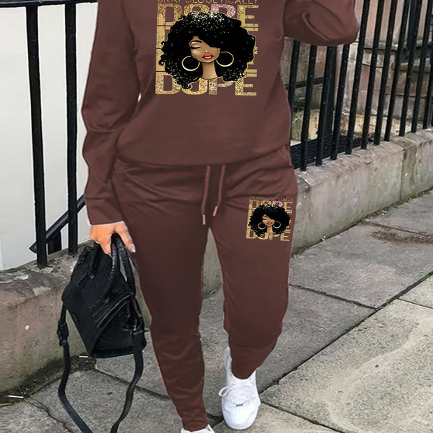 Plus Size Figure Print Sweatshirt & Drawstring Sweatpants Set, Women's Plus Slight Stretch Casual 2pcs Set Outfits