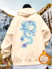 Men's Plus Size Dragon Pattern Plain Color Drawstring Long Sleeve Loose Hoodie, Warm Fleece Casual Clothing For Winter, For Big And Tall Guys